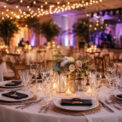 Salle de réception élégamment décorée avec tables dressées, éclairages chaleureux, bougies et ambiance festive pour un événement privé ou professionnel