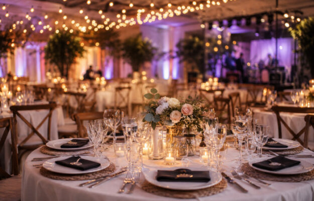 Salle de réception élégamment décorée avec tables dressées, éclairages chaleureux, bougies et ambiance festive pour un événement privé ou professionnel